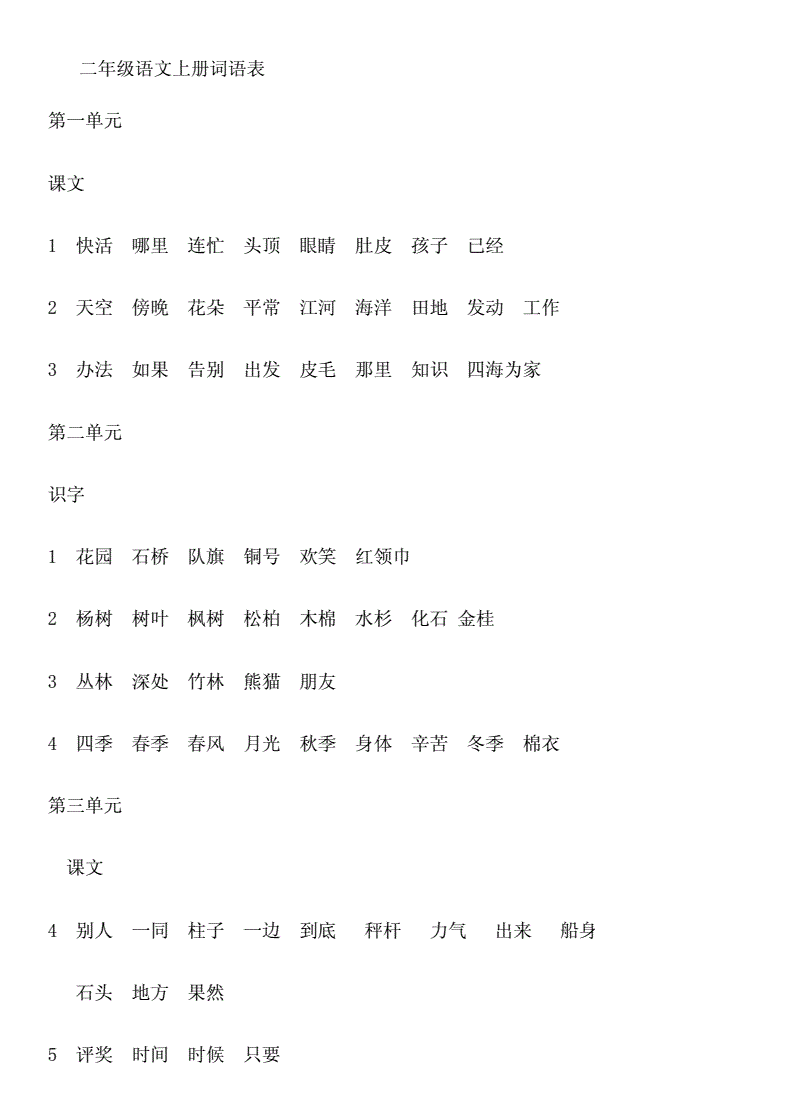 小学语文二年级下册词语表图片_2020年二年级语文下册词语表图片