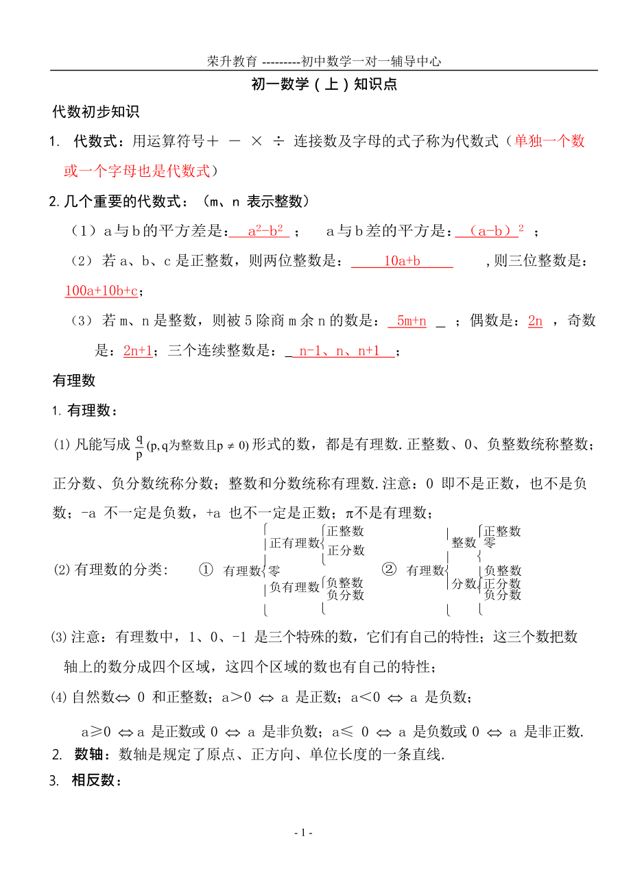 初一数学上册知识点归纳(初一数学知识点)