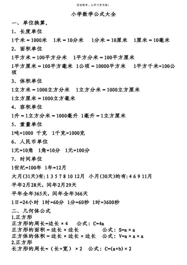 小学数学公式大全图片打印(小学数学公式大全表图高清图)