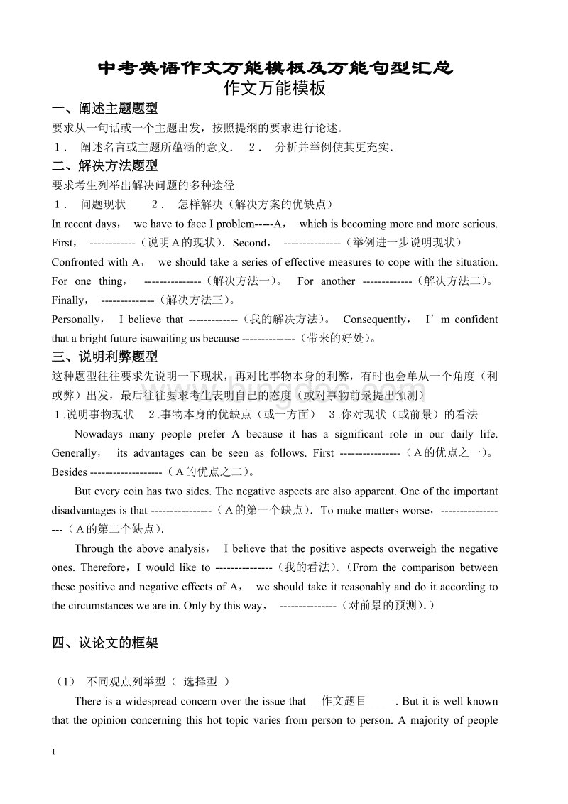 英语议论文作文万能模板整篇_英语作文万能模板议论文